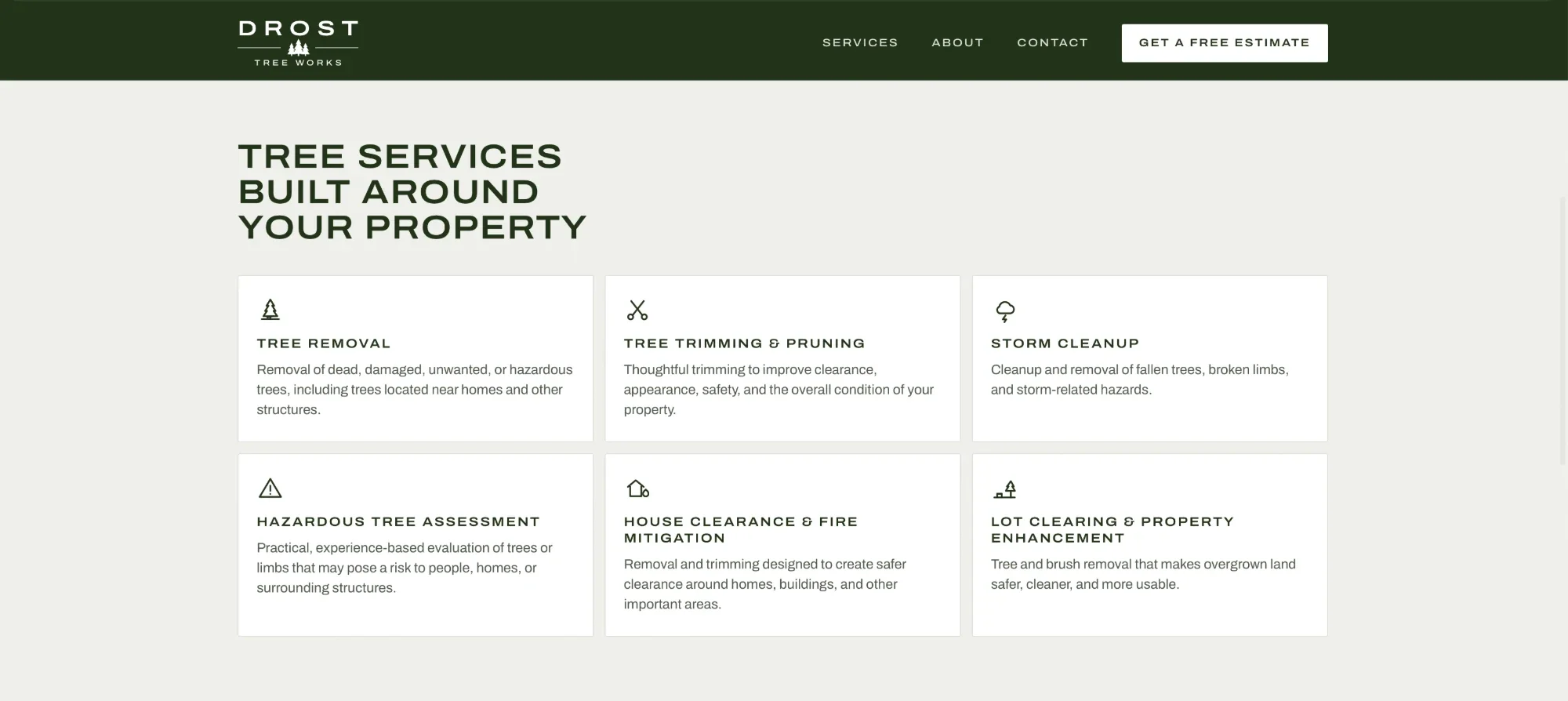 The Drost Tree Works services section: six service cards, from tree removal and trimming to lot clearing