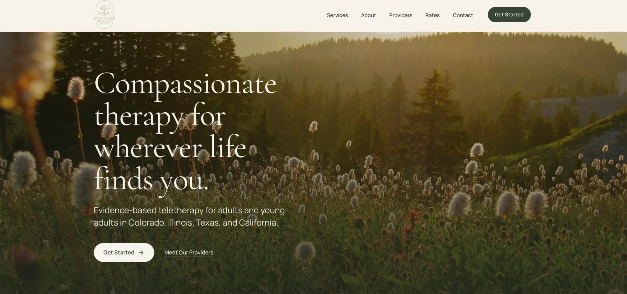The Empowered Hearts Counseling homepage: a sunlit mountain meadow behind the headline “Compassionate therapy for wherever life finds you.”