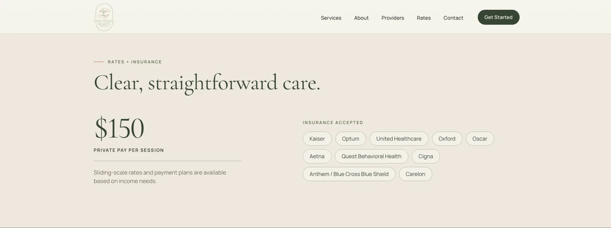 The Empowered Hearts rates and insurance section: a $150 private-pay session, sliding-scale options, and the insurance plans accepted