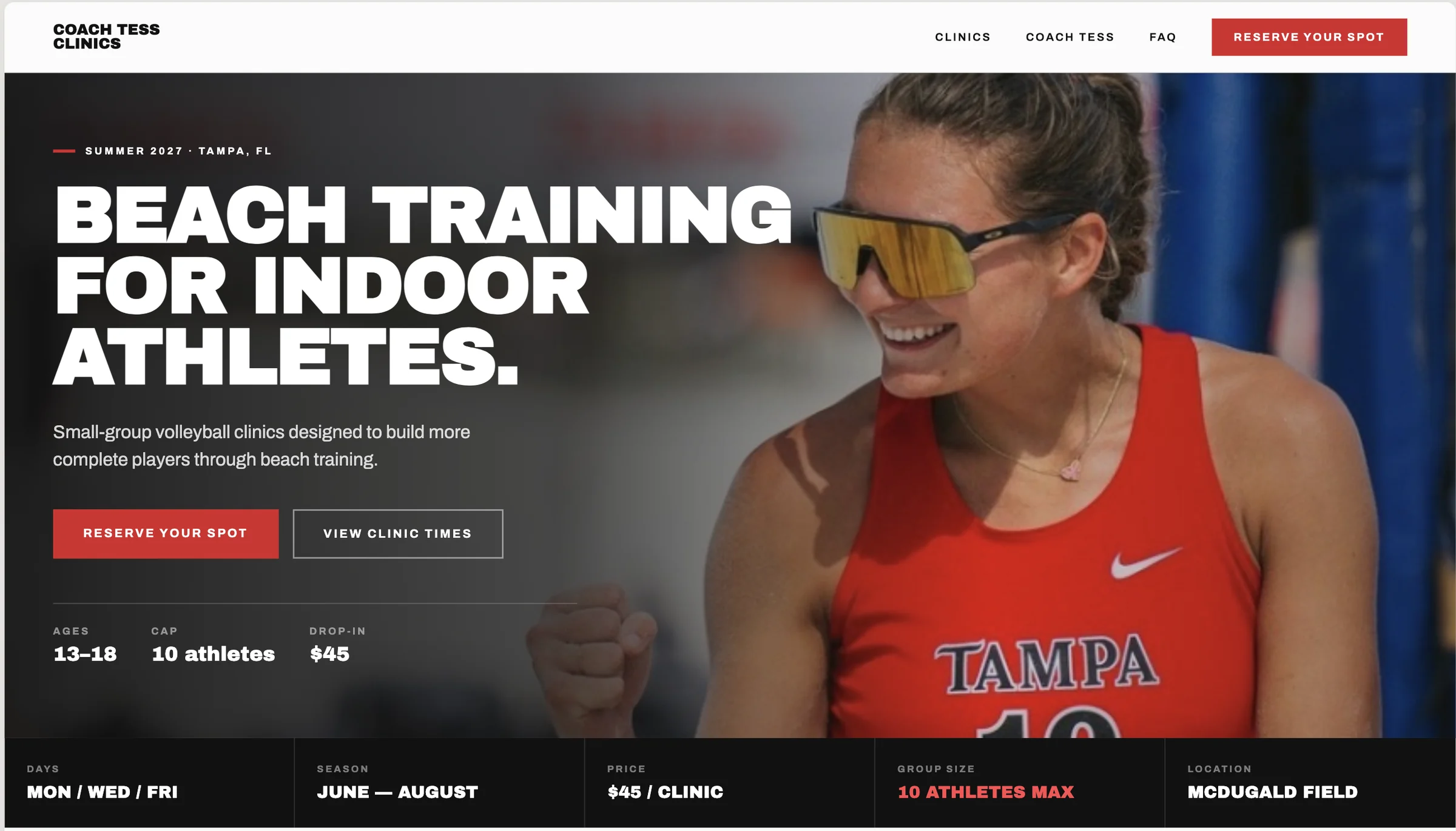 The redesigned Coach Tess Clinics homepage