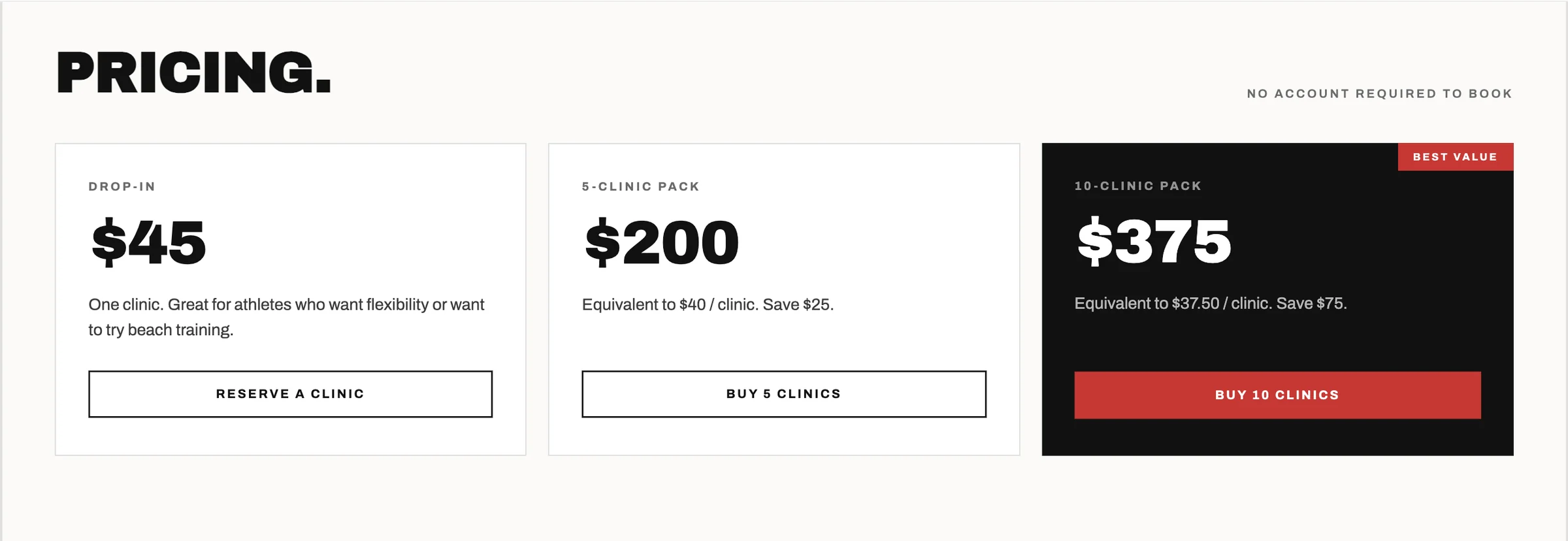 The pricing and package structure designed for Tess: drop-in, five-clinic pack, and ten-clinic pack